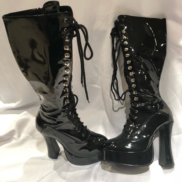 black patent leather platform boots